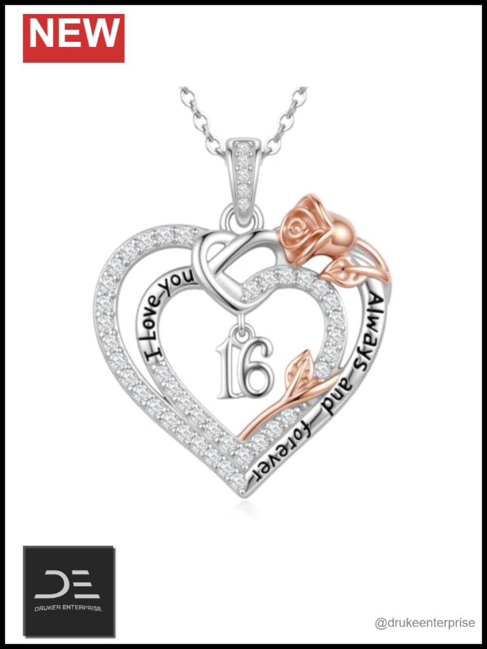 16th Birthday Necklace for Women White Gold & Rose Gold Heart Pendant Jewelry